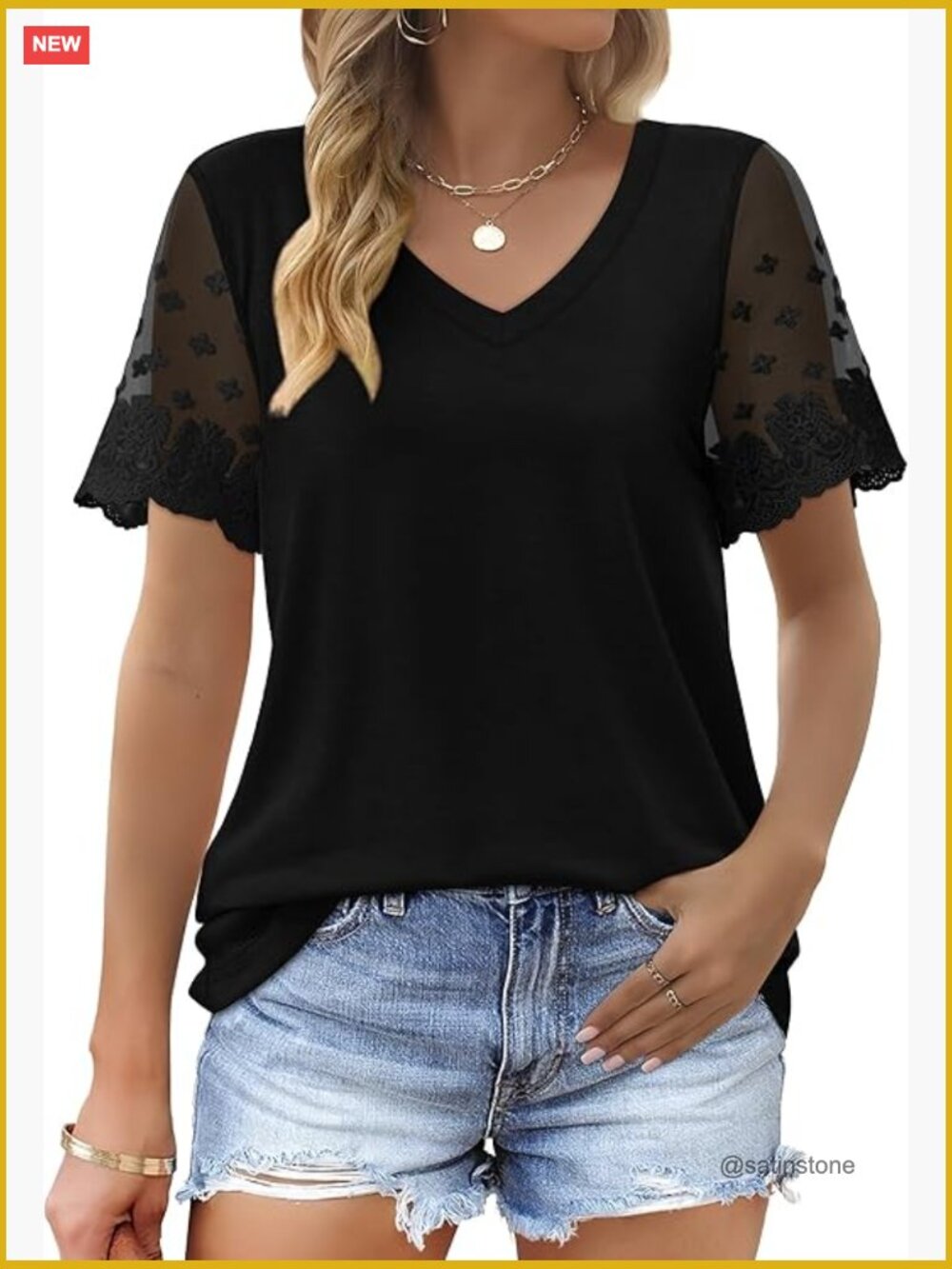 V Neck Lace Short Sleeve T Shirts for Women Curved Hem Loose Fit Tee - Picture 1 of 7